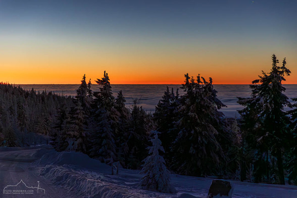 A vibrant sunrise casts an array of orange and yellow hues over a snow-covered landscape. Tall evergreen trees stand silhouetted against the colorful sky, creating a serene and tranquil winter scene.