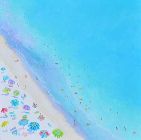 An impressionist beach painting with colorful umbrellas and people sun baking and swimming on a steaming hot summer day. This thickly textured seascape was painted with a brush and palette knife. The cool turquoise blue ocean complements the bright colours of the umbrellas.