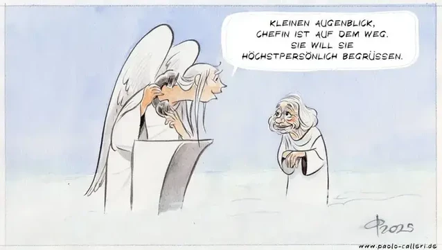 Die Zeichnung zeigt Margot Friedländer, wie sie in den Wolken steht, am Einlass zum Himmel. Ihr gegenüber steht ein beflügelter Engel:in (sehr weibliches Aussehen) an einem Pult und spricht zu Friedländer: 
"Kleinen Augenblick, Chefin ist auf dem Weg. Sie will Sie höchstpersönlich begrüssen."

;-)