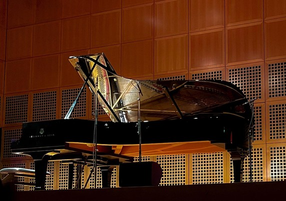 Ein Flügel auf der Bühne, teilweise beleuchtet mit einem Holzhintergrund und zwei Mikrofonen in der Nähe. Der Klavierdeckel ist angehoben und zeigt sein Inneres.

A grand piano placed on stage, partially illuminated with a wooden backdrop and two microphones nearby. The piano lid is raised, showcasing its interior.