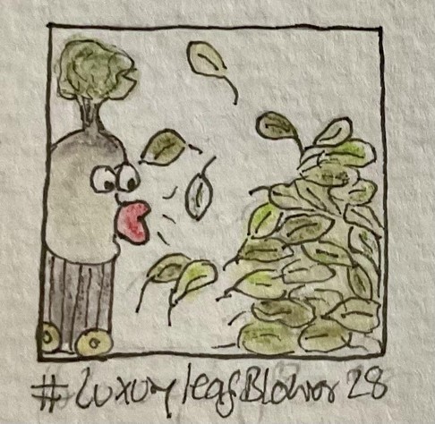 A cartoonish character resembling a leaf blower, with a plant-like top, is blowing leaves away towards a pile. The image features playful expressions and simple colors, with a hashtag at the bottom “Luxury Leaf Blower”