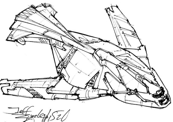 Black and white line art sketch of an imaginative sci fi spaceship. Each one is very different. This one is really nice!