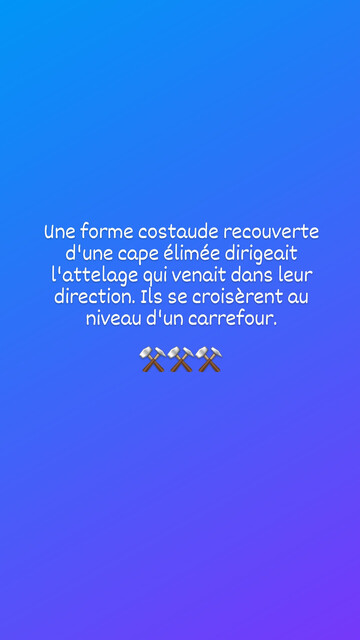 Une forme costaude recouverte d'une cape élimée dirigeait l'attelage qui venait dans leur direction. Ils se croisèrent au niveau d'un carrefour.
