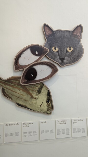 A pop art art exhibition of a cat, human eyes, and a fish