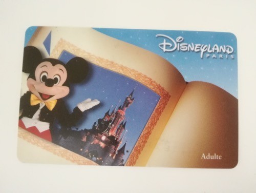 photo d'une carte d'entrée à Disneyland Paris (anciennement Euro Disneyland) avec Mickey souriant devant un livre ouvert avec une photo nocturne du château illuminé de nuit sur fond bleu étoilé